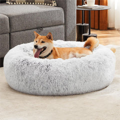 Calming Donut Bed for Dogs & Cats – Machine Washable Fluffy Faux Fur, Anti-Anxiety & Anti-Slip (24”) - Majestic Dog & Cat Pet Boutique