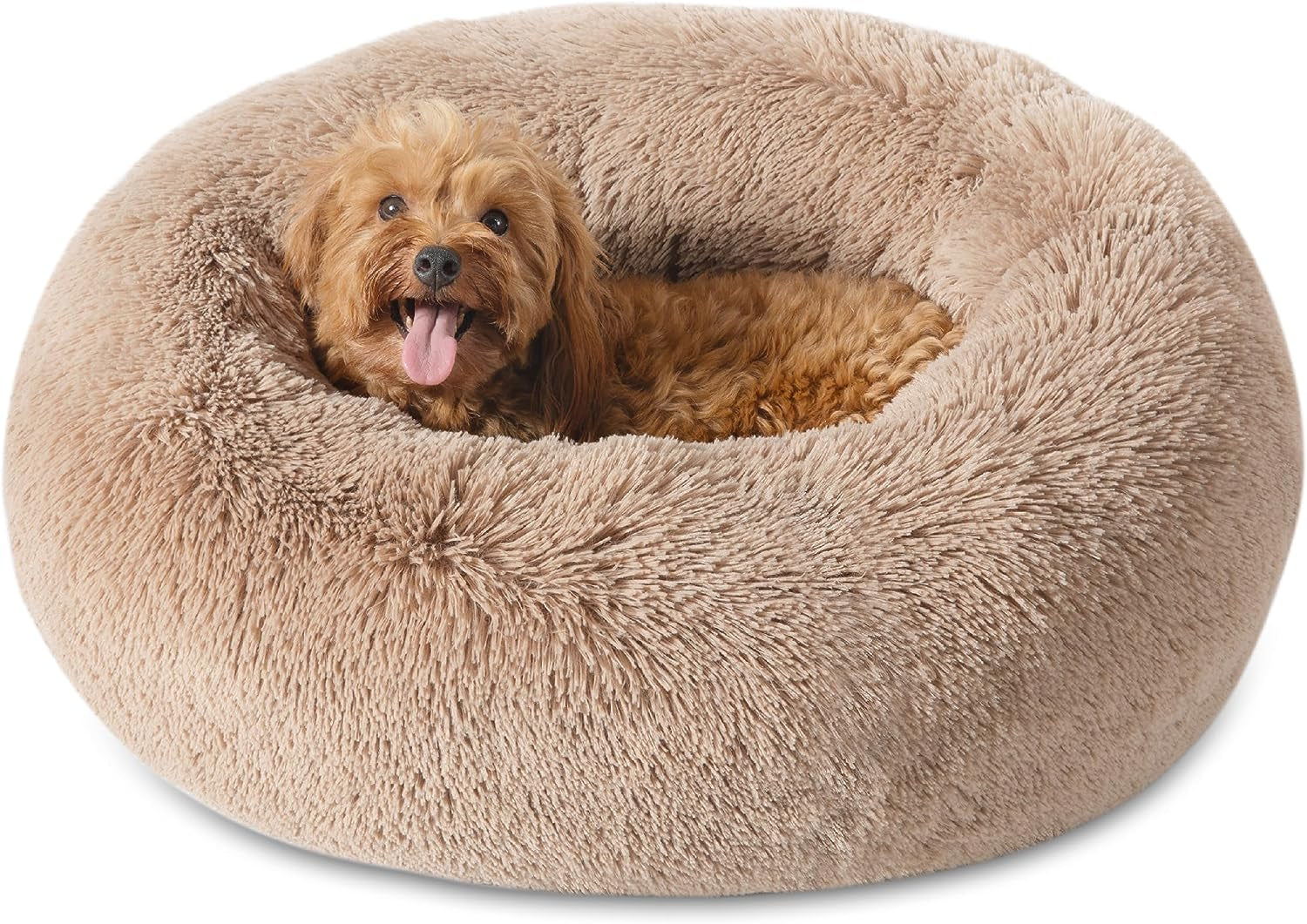 Calming Dog Bed for Small Dogs - Donut Washable Small Pet Bed, 23 Inches Anti-Slip round Fluffy Plush Faux Fur Large Cat Bed, Fits up to 25 Lbs Pets, Camel