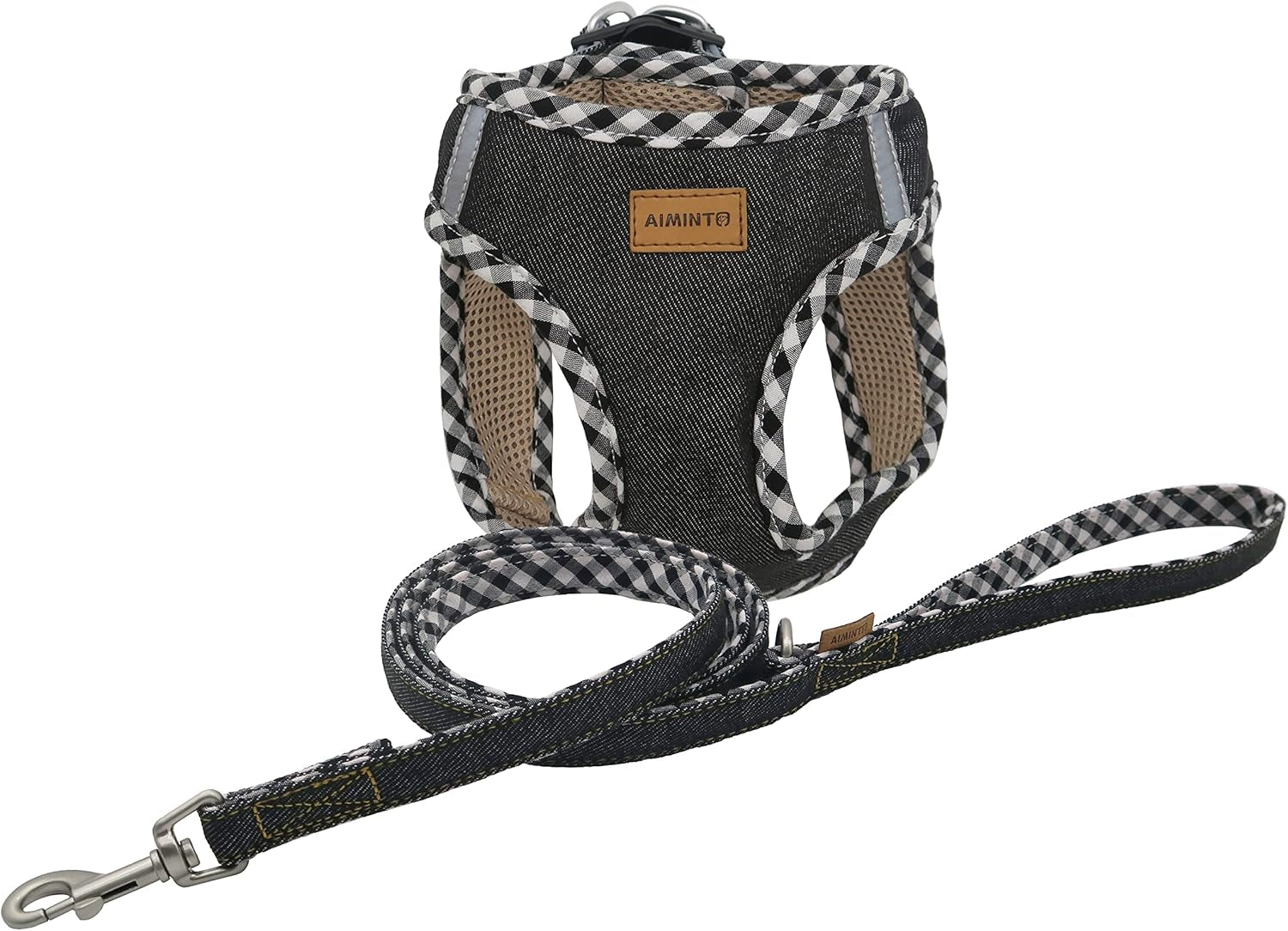 Premium Denim Dog Harness and Leash Set, Step In, Breathable Mesh, Lightweight, Reflective Vest Harness - for Cats and Extra Small Dogs (Black, XXXS)